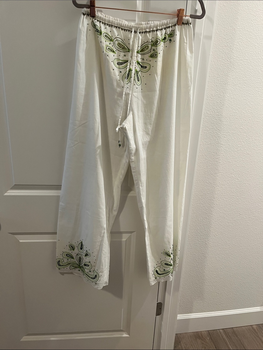 White womens drawstring pants with Green Paisley Accent